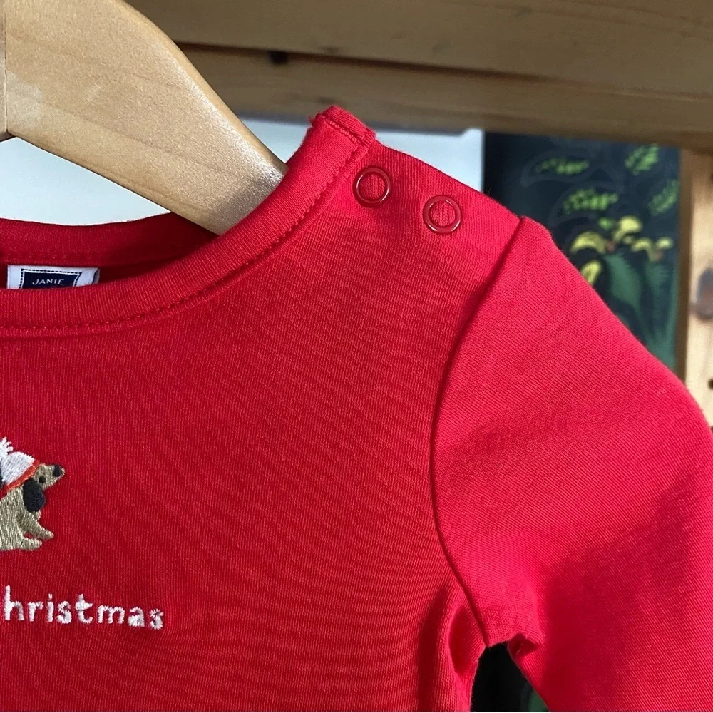 Janie and Jack Red Baby’s First Christmas Dog Embroidered Onesie